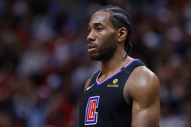 MIAMI, FLORIDA - JANUARY 24:  Kawhi Leonard #2 of the LA Clippers looks on against the Miami Heat during the second half at American Airlines Arena on January 24, 2020 in Miami, Florida. NOTE TO USER: User expressly acknowledges and agrees that, by downloading and/or using this photograph, user is consenting to the terms and conditions of the Getty Images License Agreement.  (Photo by Michael Reaves/Getty Images)