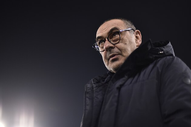 Juventus head coach Maurizio Sarri looks on before the Italian Cup soccer match between Juventus and Udinese, at the Allianz Stadium in Turin, Italy, Wednesday, Jan. 15, 2020. (Fabio Ferrari/LaPress via AP)