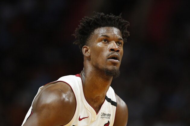 Miami Heat forward Jimmy Butler (22) in the second half of an NBA basketball game against the Wednesday, Jan. 15, 2020, in Miami, Fla. Heat win 106-100. (AP Photo/Brynn Anderson)