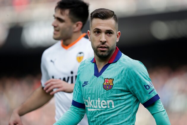 VALENCIA, SPAIN - JANUARY 25:  Jordi Alba of FC Barcelona  during the La Liga Santander  match between Valencia v FC Barcelona at the Estadio de Mestalla on January 25, 2020 in Valencia Spain (Photo by David S. Bustamante/Soccrates/Getty Images)