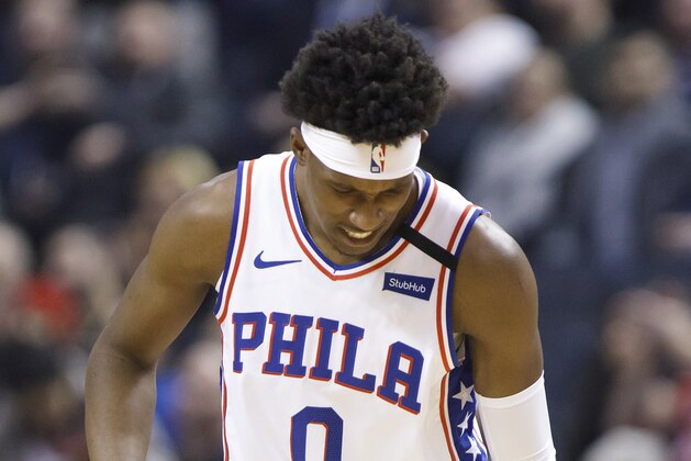 TORONTO, ON - JANUARY 22:  Josh Richardson #0 of the Philadelphia 76ers holds his leg as he limps off the court during first half of their NBA game against the Toronto Raptors at Scotiabank Arena on January 22, 2020 in Toronto, Canada. NOTE TO USER: User expressly acknowledges and agrees that, by downloading and or using this photograph, User is consenting to the terms and conditions of the Getty Images License Agreement. (Photo by Cole Burston/Getty Images)