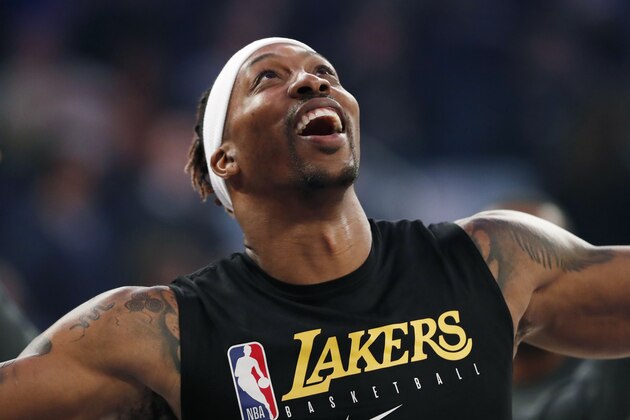Los Angeles Lakers center Dwight Howard (39) watches his shot while warming up before an NBA basketball gameagainst the New York Knicks in New York, Wednesday, Jan. 22, 2020. (AP Photo/Kathy Willens)