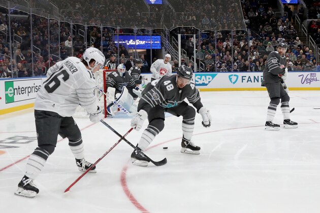 ST LOUIS, MISSOURI - JANUARY 25: Mitch Marner #16 of the Toronto Maple Leafs skates against Tomas Hertl #48 of the San Jose Sharks in the game between Atlantic Division v Pacific Division during the 2020 Honda NHL All-Star Game at Enterprise Center on January 25, 2020 in St Louis, Missouri. (Photo by Bruce Bennett/Getty Images)