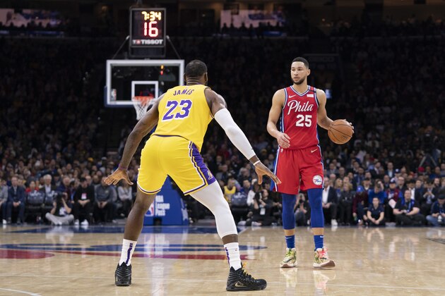 PHILADELPHIA, PA - JANUARY 25: Ben Simmons #25 of the Philadelphia 76ers dribbles the ball against LeBron James #23 of the Los Angeles Lakers in the second quarter at the Wells Fargo Center on January 25, 2020 in Philadelphia, Pennsylvania. The 76ers defeated the Lakers 108-91. NOTE TO USER: User expressly acknowledges and agrees that, by downloading and/or using this photograph, user is consenting to the terms and conditions of the Getty Images License Agreement. (Photo by Mitchell Leff/Getty Images)