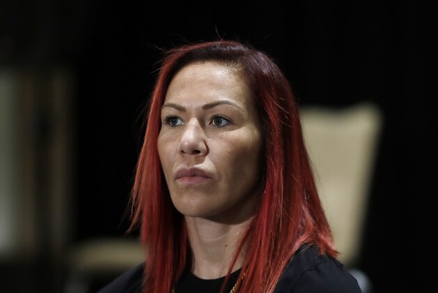 Brazilian-American mixed martial arts superstar, current UFC Women's Featherweight Champion, and Claressa Shields sparring partner, Cris Cyborg, is seen during a news conference, Thursday, Aug. 3, 2017, in Detroit. (AP Photo/Carlos Osorio)