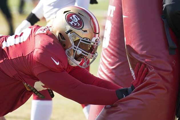 San Francisco 49ers defensive tackle DeForest Buckner (99) practices at the team's NFL football training facility in Santa Clara, Calif., Friday, Jan. 24, 2020. The 49ers will face the Kansas City Chiefs in Super Bowl 54. (AP Photo/Tony Avelar)