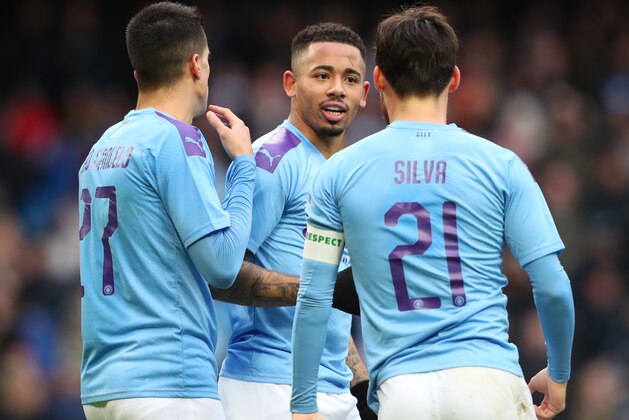 MANCHESTER, ENGLAND - JANUARY 26: Gabriel Jesus of Manchester City celebrates after scoring his team's fourth goal during the FA Cup Fourth Round match between Manchester City and Fulham at Etihad Stadium on January 26, 2020 in Manchester, England. (Photo by Alex Livesey/Getty Images)