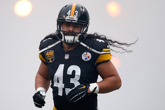 PITTSBURGH, PA - NOVEMBER 30:  Troy Polamalu #43 of the Pittsburgh Steelers is introduced prior to the game against the New Orleans Saints at Heinz Field on November 30, 2014 in Pittsburgh, Pennsylvania.  (Photo by Gregory Shamus/Getty Images)