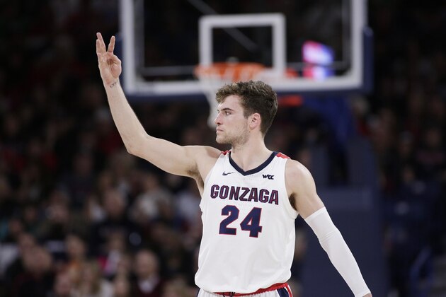 Gonzaga forward Corey Kispert (24) signals during the second half of an NCAA college basketball game against Pacific in Spokane, Wash., Saturday, Jan. 25, 2020. (AP Photo/Young Kwak)