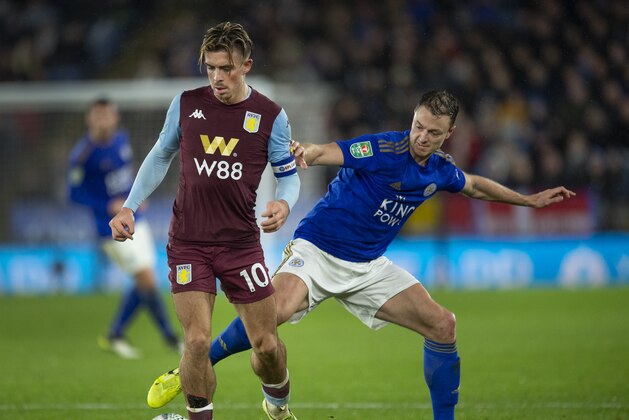 LEICESTER, ENGLAND - JANUARY 08: Jack Grealish of Aston Villa and Jonny Evans of Leicester City in action during the Carabao Cup Semi Final First Leg match between Leicester City and Aston Villa at The King Power Stadium on January 8, 2020 in Leicester, England. (Photo by Visionhaus) LEICESTER, ENGLAND - JANUARY 08: Jack Grealish of Aston Villa and Jonny Evans of Leicester City in action during the Carabao Cup Semi Final First Leg match between Leicester City and Aston Villa at The King Power Stadium on January 8, 2020 in Leicester, England. (Photo by Visionhaus)