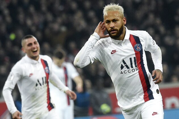 Paris Saint-Germain's Brazilian forward Neymar celebrates after scoring a goal with Paris Saint-Germain's Italian midfielder Marco Verratti (L) during the French L1 football match between Lille (LOSC) and Paris Saint-Germain (PSG) at the Pierre-Mauroy Stadium in Villeneuve d'Ascq, near Lille, northern France, on January 26, 2020. (Photo by FRANCOIS LO PRESTI / AFP) (Photo by FRANCOIS LO PRESTI/AFP via Getty Images)