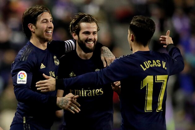 VALLADOLID, SPAIN - JANUARY 26: (L-R) Sergio Ramos of Real Madrid, Nacho of Real Madrid, Lucas Vazquez of Real Madrid celebrate goal during the La Liga Santander  match between Real Valladolid v Real Madrid at the Stadium Jose Zorrilla on January 26, 2020 in Valladolid Spain (Photo by David S. Bustamante/Soccrates/Getty Images)