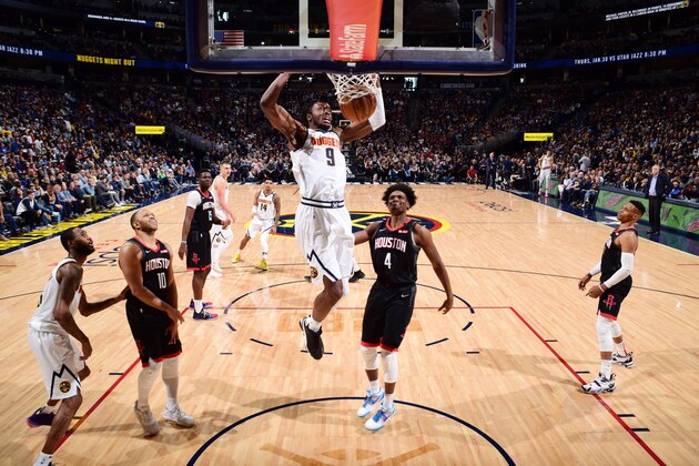 DENVER, CO - JANUARY 26: Jerami Grant #9 of the Denver Nuggets dunks the ball during the game against the Houston Rockets on January 26, 2020 at the Pepsi Center in Denver, Colorado. NOTE TO USER: User expressly acknowledges and agrees that, by downloading and/or using this Photograph, user is consenting to the terms and conditions of the Getty Images License Agreement. Mandatory Copyright Notice: Copyright 2020 NBAE (Photo by Garrett Ellwood/NBAE via Getty Images) DENVER, CO - JANUARY 26: Jerami Grant #9 of the Denver Nuggets dunks the ball during the game against the Houston Rockets on January 26, 2020 at the Pepsi Center in Denver, Colorado. NOTE TO USER: User expressly acknowledges and agrees that, by downloading and/or using this Photograph, user is consenting to the terms and conditions of the Getty Images License Agreement. Mandatory Copyright Notice: Copyright 2020 NBAE (Photo by Garrett Ellwood/NBAE via Getty Images)
