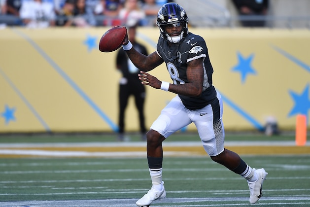 ORLANDO, FLORIDA - JANUARY 26: Lamar Jackson #8 of the Baltimore Ravens looks to pass in the first half of the 2020 NFL Pro Bowl at Camping World Stadium on January 26, 2020 in Orlando, Florida. (Photo by Mark Brown/Getty Images)