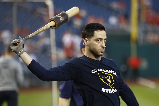 Milwaukee Brewers' Ryan Braun participates in batting practice before a National League wild card baseball game against the Washington Nationals, Tuesday, Oct. 1, 2019, in Washington. (AP Photo/Patrick Semansky)
