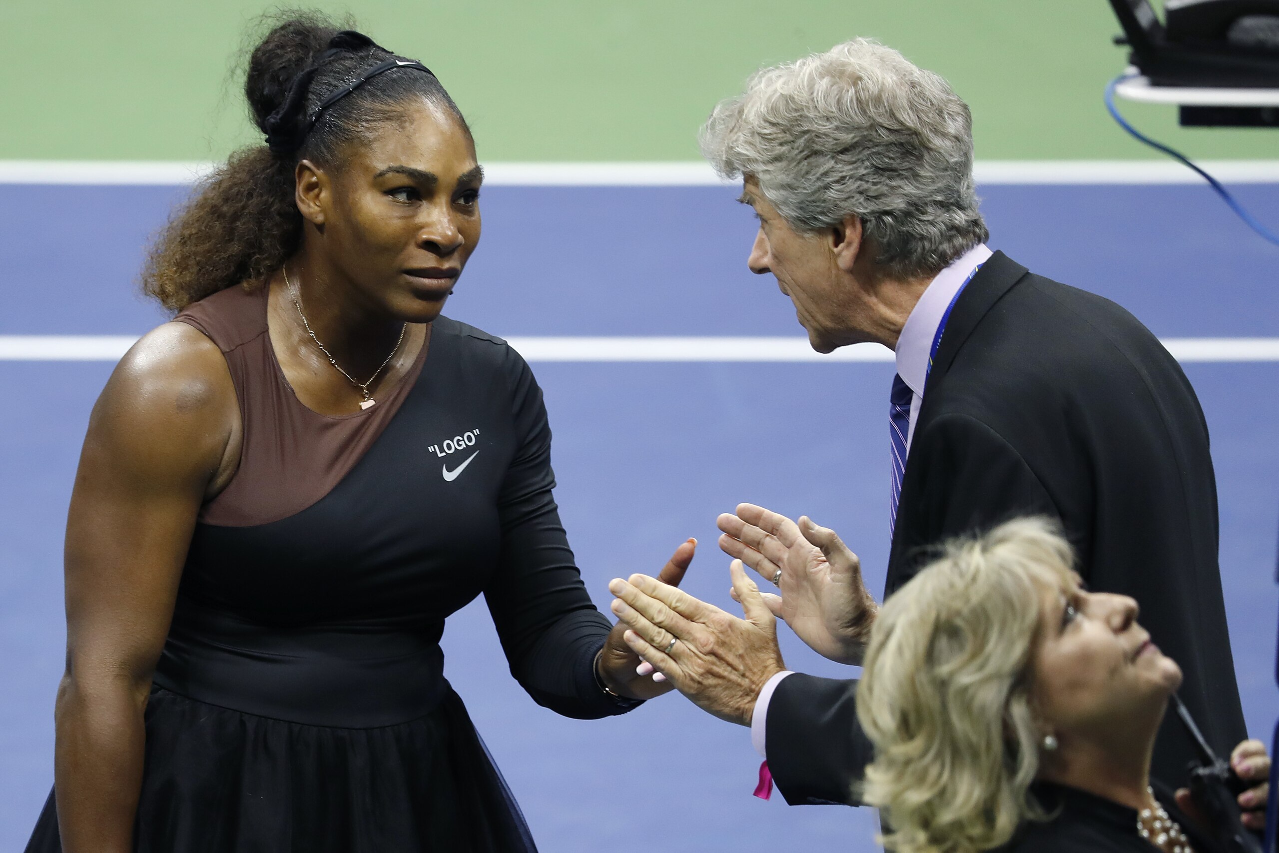 NEW YORK, NY - SEPTEMBER 08: Serena Williams of the United States argues with referee Brian Earley during her Women's Singles finals match against Naomi Osaka of Japan on Day Thirteen of the 2018 US Open at the USTA Billie Jean King National Tennis Center on September 8, 2018 in the Flushing neighborhood of the Queens borough of New York City. (Photo by Michael Owens/Getty Images)