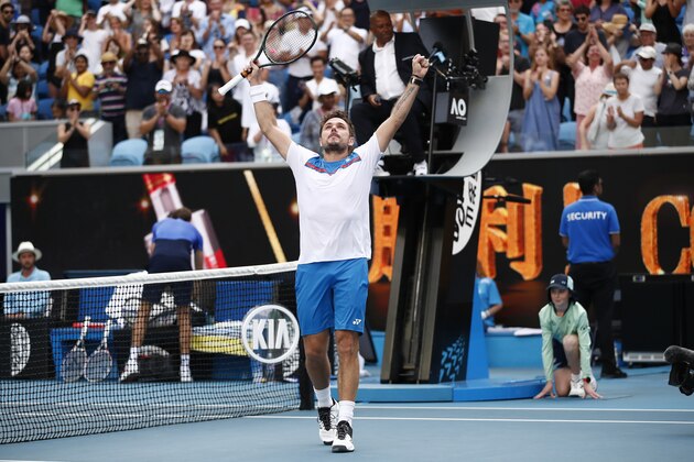 MELBOURNE, AUSTRALIA - JANUARY 27: Stan Wawrinka of Switzerland celebrates after winning match point during his Men's Singles fourth round match against Daniil Medvedev of Russia on day nine of the 2020 Australian Open at Melbourne Park on January 27, 2020 in Melbourne, Australia. (Photo by Daniel Pockett/Getty Images)