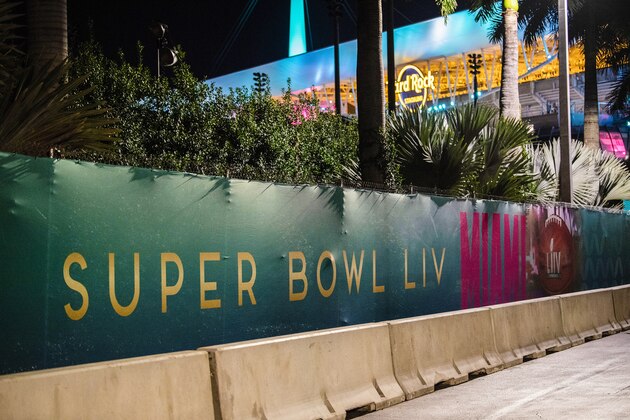 MIAMI, FLORIDA - JANUARY 25: A general view of a Super Bowl LIV banner used at an entrance to Hard Rock Stadium on January 25, 2020 in Miami, United States. (Photo by Mark Brown/Getty Images)