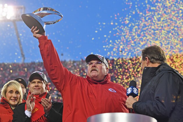KANSAS CITY, MO - JANUARY 19: Head coach Andy Reid of the Kansas City Chiefs holds up the Lamar Hunt trophy after defeating the Tennessee Titans in the AFC Championship Game at Arrowhead Stadium on January 19, 2020 in Kansas City, Missouri. The Chiefs defeated the Titans 35-24. (Photo by Peter G. Aiken/Getty Images)