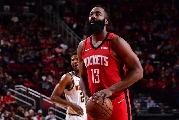 HOUSTON, TX - JANUARY 22:  James Harden #13 of the Houston Rockets shoots a free throw during a game against the Denver Nuggets on January 22, 2020 at the Toyota Center in Houston, Texas. NOTE TO USER: User expressly acknowledges and agrees that, by downloading and or using this photograph, User is consenting to the terms and conditions of the Getty Images License Agreement. Mandatory Copyright Notice: Copyright 2020 NBAE (Photo by Cato Cataldo/NBAE via Getty Images)