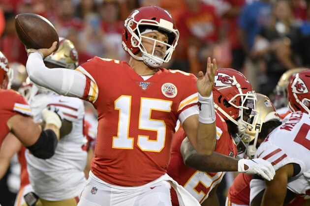 Kansas City Chiefs quarterback Patrick Mahomes (15) throws during the first half of an NFL preseason football game against the San Francisco 49ers in Kansas City, Mo., Saturday, Aug. 24, 2019. (AP Photo/Ed Zurga)