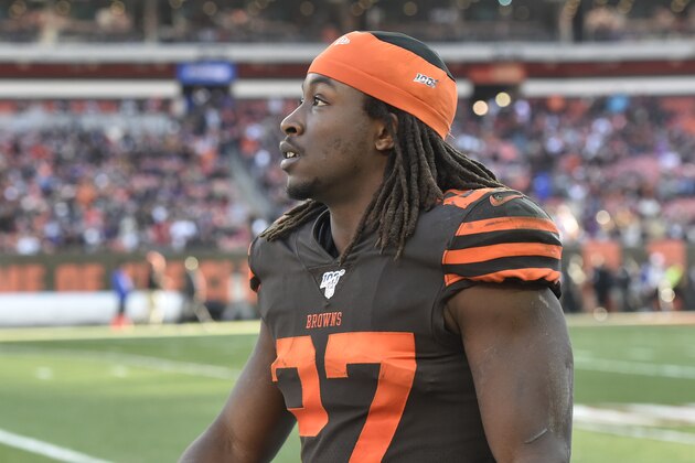 Cleveland Browns running back Kareem Hunt walks on the field during an NFL football game against the Baltimore Ravens, Sunday, Dec. 22, 2019, in Cleveland. The Ravens won 31-15. (AP Photo/David Richard)