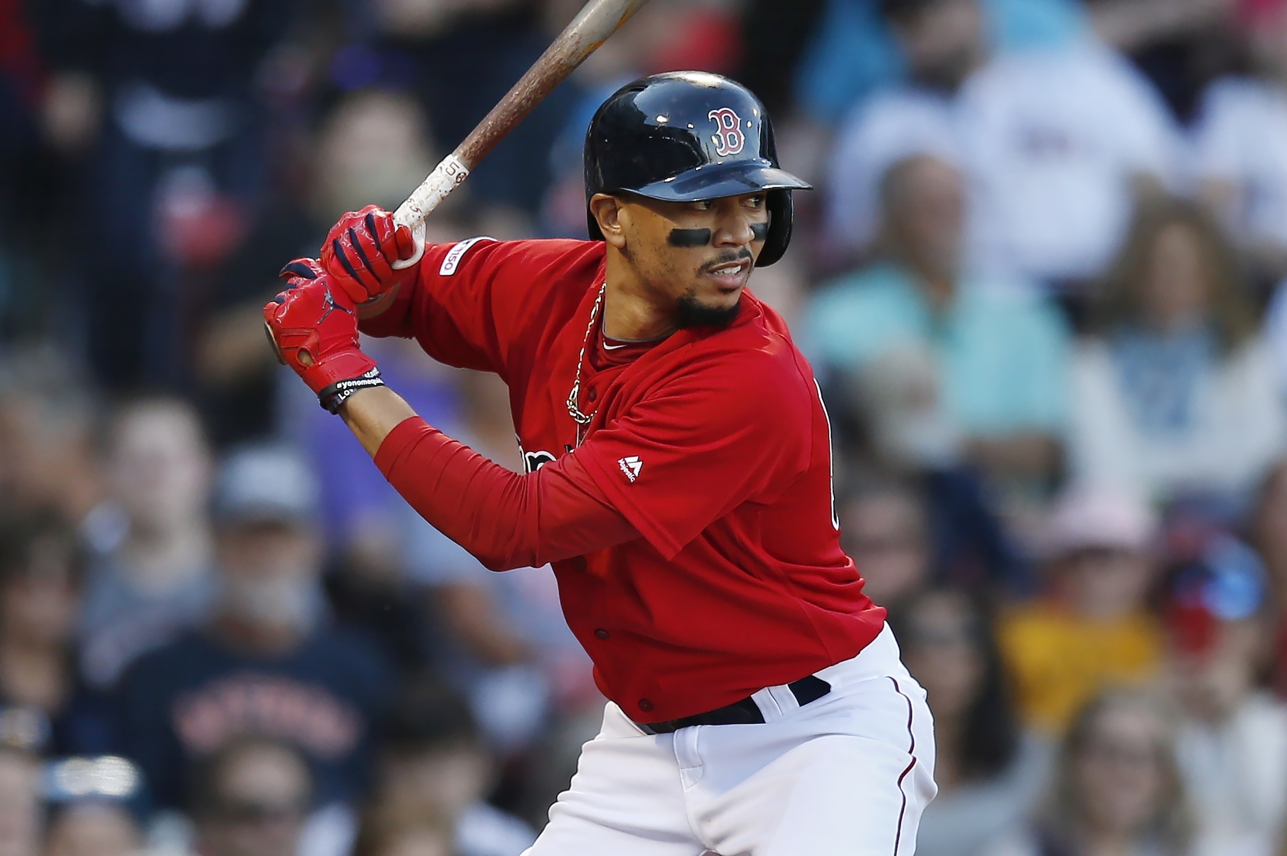 Boston Red Sox's Mookie Betts plays against the Baltimore Orioles during the fifth inning of a baseball game in Boston, Sunday, Sept. 29, 2019. (AP Photo/Michael Dwyer)