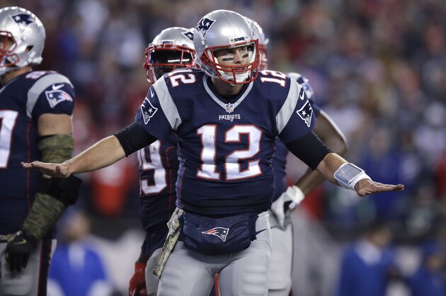 In this Nov. 13, 2016 photo, New England Patriots quarterback Tom Brady gestures during an NFL football game against the Seattle Seahawks in Foxborough, Mass. The New England quarterback had so counted on playing at Candlestick Park in 2008, his first NFL game back home in the Bay Area against the 49ers team he watched Joe Montana lead when Brady was a boy. Then, a season-ending knee injury spoiled his plans. He can’t quite believe it took until age 39 and his 17th NFL season to finally get a shot on San Francisco’s home field.  (AP Photo/Charles Krupa)
