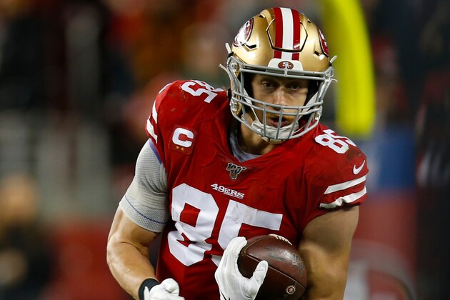 SANTA CLARA, CA - JANUARY 19: George Kittle #85 of the San Francisco 49ers runs after making a reception during the game against the Green Bay Packers at Levi's Stadium on January 19, 2020 in Santa Clara, California. The 49ers defeated the Packers 37-20. (Photo by Michael Zagaris/San Francisco 49ers/Getty Images)