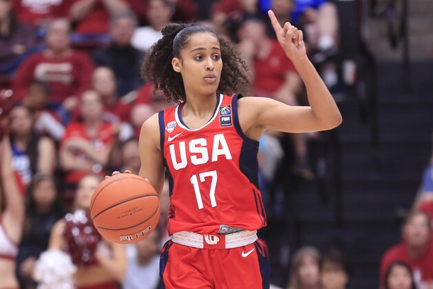CHICAGO, IL - NOVEMBER 2: Skylar Diggins-Smith #17 of the USA Women's National Team dribbles the ball against Stanford University on November 2, 2019 Maples Pavilion in Stanford, California. NOTE TO USER: User expressly acknowledges and agrees that, by downloading and or using this Photograph, user is consenting to the terms and conditions of the Getty Images License Agreement. Mandatory Copyright Notice:  Copyright 2019 NBAE (Photo by Jack Arent/NBAE via Getty Images)