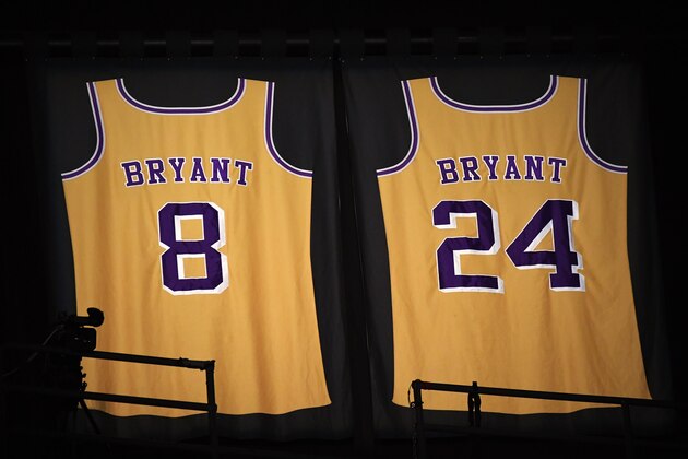 Former NBA and Los Angeles Lakers player Kobe Bryant jerseys are pictured at Staples Center in Los Angeles on January 26, 2020. - NBA legend Kobe Bryant died January 26, 2020 in a helicopter crash in suburban Los Angeles, celebrity website TMZ reported, saying five people are confirmed dead in the incident. (Photo by Robyn Beck / AFP) (Photo by ROBYN BECK/AFP via Getty Images)