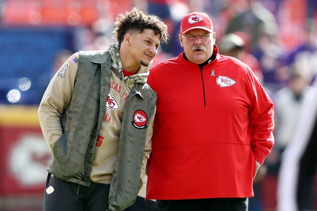KANSAS CITY, MISSOURI - NOVEMBER 03: Patrick Mahomes #15 of the Kansas City Chiefs talks with head coach Andy Reid before the game against the Minnesota Vikings at Arrowhead Stadium on November 03, 2019 in Kansas City, Missouri. (Photo by Jamie Squire/Getty Images)