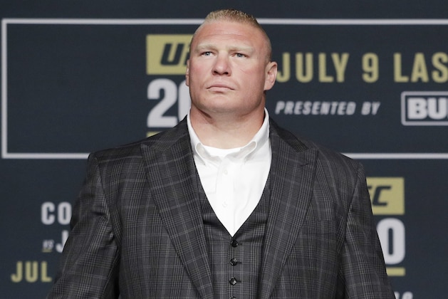 Brock Lesnar attends a UFC 200 mixed martial arts news conference, Wednesday, July 6, 2016, in Las Vegas. Lesnar is scheduled to fight Mark Hunt in a heavyweight fight at UFC 200 on Saturday. (AP Photo/John Locher)