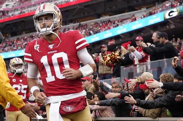 San Francisco 49ers quarterback Jimmy Garoppolo (10) runs onto the field before the NFL NFC Championship football game against the San Francisco 49ers Sunday, Jan. 19, 2020, in Santa Clara, Calif. (AP Photo/Tony Avelar) San Francisco 49ers quarterback Jimmy Garoppolo (10) runs onto the field before the NFL NFC Championship football game against the San Francisco 49ers Sunday, Jan. 19, 2020, in Santa Clara, Calif. (AP Photo/Tony Avelar)