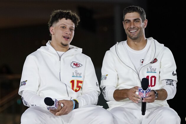 Kansas City Chiefs' Patrick Mahomes, right, chats with San Francisco 49ers' Jimmy Garoppolo during Opening Night for the NFL Super Bowl 54 football game Monday, Jan. 27, 2020, at Marlins Park in Miami. (AP Photo/David J. Phillip) Kansas City Chiefs' Patrick Mahomes, right, chats with San Francisco 49ers' Jimmy Garoppolo during Opening Night for the NFL Super Bowl 54 football game Monday, Jan. 27, 2020, at Marlins Park in Miami. (AP Photo/David J. Phillip)
