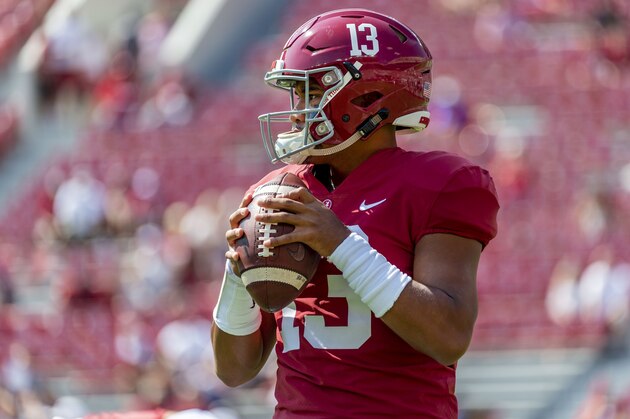 Alabama quarterback Tua Tagovailoa (13) before an NCAA college football game against Mississippi, Saturday, Sept. 28, 2019, in Tuscaloosa, Ala. (AP Photo/Vasha Hunt)