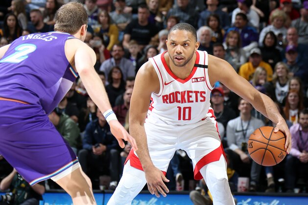 SALT LAKE CITY, UT - JANUARY 27: Eric Gordon #10 of the Houston Rockets handles the ball against the Utah Jazz on January 27, 2020 at Vivint Smart Home Arena in Salt Lake City, Utah. NOTE TO USER: User expressly acknowledges and agrees that, by downloading and or using this Photograph, User is consenting to the terms and conditions of the Getty Images License Agreement. Mandatory Copyright Notice: Copyright 2020 NBAE (Photo by Melissa Majchrzak/NBAE via Getty Images) SALT LAKE CITY, UT - JANUARY 27: Eric Gordon #10 of the Houston Rockets handles the ball against the Utah Jazz on January 27, 2020 at Vivint Smart Home Arena in Salt Lake City, Utah. NOTE TO USER: User expressly acknowledges and agrees that, by downloading and or using this Photograph, User is consenting to the terms and conditions of the Getty Images License Agreement. Mandatory Copyright Notice: Copyright 2020 NBAE (Photo by Melissa Majchrzak/NBAE via Getty Images)
