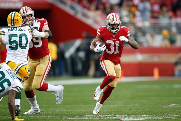 SANTA CLARA, CA - JANUARY 19: Raheem Mostert #31 of the San Francisco 49ers rushes during the game against the Green Bay Packers at Levi's Stadium on January 19, 2020 in Santa Clara, California. The 49ers defeated the Packers 37-20. (Photo by Michael Zagaris/San Francisco 49ers/Getty Images)