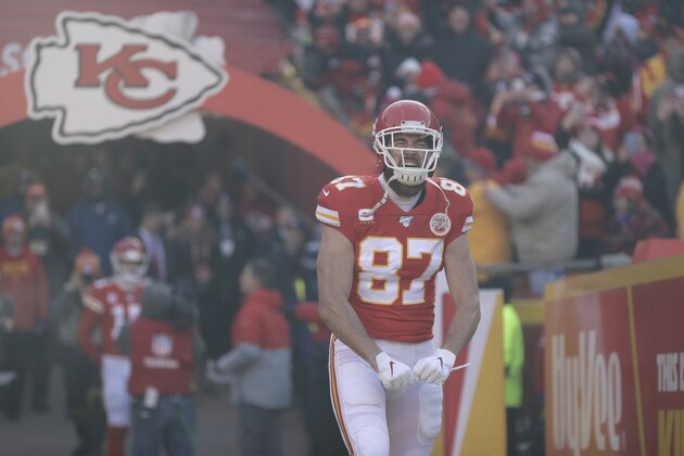 Kansas City Chiefs tight end Travis Kelce (87) before the NFL AFC Championship football game against the Tennessee Titans Sunday, Jan. 19, 2020, in Kansas City, MO. (AP Photo/Jeff Roberson)