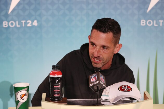 MIAMI, FLORIDA - JANUARY 27: Head coach Kyle Shanahan of the San Francisco 49ers speaks to the media during Super Bowl Opening Night presented by BOLT24 at Marlins Park on January 27, 2020 in Miami, Florida. (Photo by Michael Reaves/Getty Images)