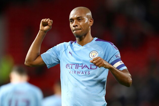 MANCHESTER, ENGLAND - JANUARY 07: Fernandinho of Manchester City celebrates victory after the Carabao Cup Semi Final match between Manchester United and Manchester City at Old Trafford on January 07, 2020 in Manchester, England. (Photo by Michael Steele/Getty Images)