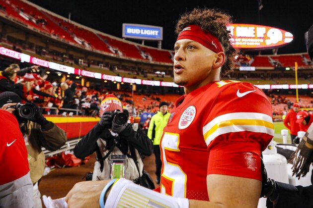 KANSAS CITY, MO - DECEMBER 01: Patrick Mahomes #15 of the Kansas City Chiefs walks off the field following the 40-9 victory over the Oakland Raiders at Arrowhead Stadium on December 1, 2019 in Kansas City, Missouri. (Photo by David Eulitt/Getty Images)