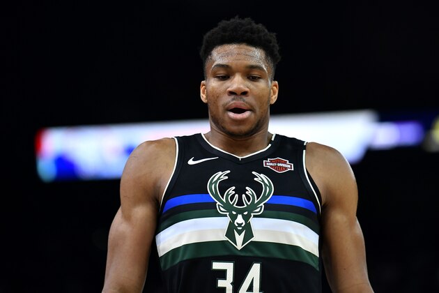 PARIS, FRANCE - JANUARY 24: Giannis Antetokounmpo of the Milwaukee Bucks looks on during the NBA Paris Game match between Charlotte Hornets and Milwaukee Bucks on January 24, 2020 in Paris, France. (Photo by Aurelien Meunier/Getty Images)