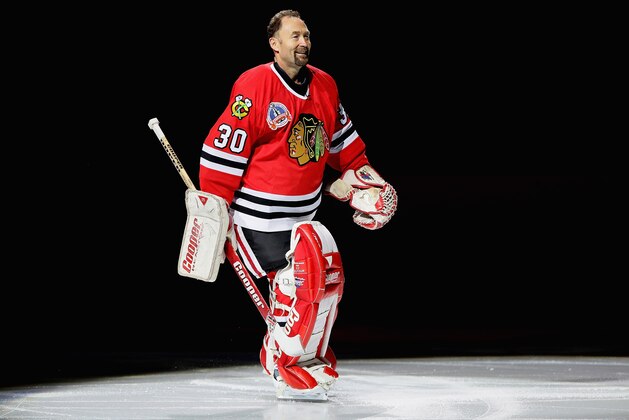 CHICAGO, IL - MARCH 23:  Former Chicago Blackhawks goaltender Ed Belfour #30 is honored before a game against the Dallas Stars at the United Center on March 23, 2017 in Chicago, Illinois. The Blackhawks defeated the Stars 3-2 in a shootout.  (Photo by Jonathan Daniel/Getty Images)