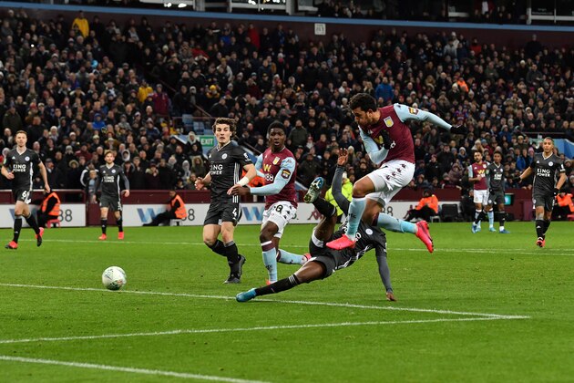 Aston Villa's Egyptian midfielder Trezeguet scores his team's second goal during the English League Cup semi-final second leg football match between Aston Villa and Leicester City at Villa Park in Birmingham, central England on January 28, 2020. (Photo by Paul ELLIS / AFP) / RESTRICTED TO EDITORIAL USE. No use with unauthorized audio, video, data, fixture lists, club/league logos or 'live' services. Online in-match use limited to 120 images. An additional 40 images may be used in extra time. No video emulation. Social media in-match use limited to 120 images. An additional 40 images may be used in extra time. No use in betting publications, games or single club/league/player publications. /  (Photo by PAUL ELLIS/AFP via Getty Images)
