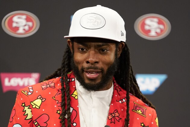San Francisco 49ers cornerback Richard Sherman speaks at a news conference after the 49ers defeated the Los Angeles Rams in an NFL football game in Santa Clara, Calif., Saturday, Dec. 21, 2019. (AP Photo/Tony Avelar)