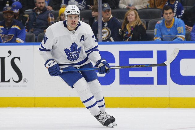 Toronto Maple Leafs' Auston Matthews looks on during the third period of an NHL hockey game against the St. Louis Blues, Saturday, Dec. 7, 2019, in St. Louis. (AP Photo/Billy Hurst)