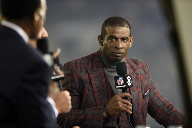 Deion Sanders speaks on the Thursday Night Football set during halftime in an NFL football game between the Baltimore Ravens and the Miami Dolphins, Thursday, Oct. 26, 2017, in Baltimore. (AP Photo/Gail Burton)