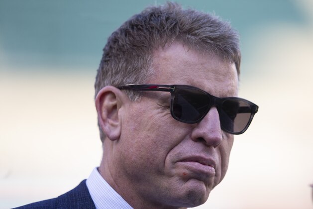 PHILADELPHIA, PA - DECEMBER 22: Fox broadcaster Troy Aikman looks on prior to the game between the Dallas Cowboys and Philadelphia Eagles at Lincoln Financial Field on December 22, 2019 in Philadelphia, Pennsylvania. (Photo by Mitchell Leff/Getty Images)