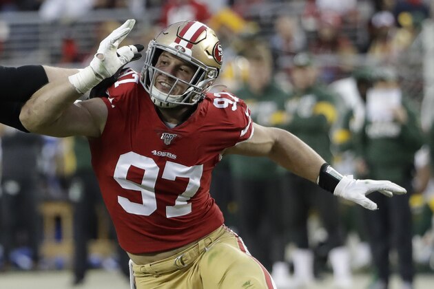 San Francisco 49ers defensive end Nick Bosa plays against the Green Bay Packers during the first half of the NFL NFC Championship football game Sunday, Jan. 19, 2020, in Santa Clara, Calif. (AP Photo/Marcio Jose Sanchez) San Francisco 49ers defensive end Nick Bosa plays against the Green Bay Packers during the first half of the NFL NFC Championship football game Sunday, Jan. 19, 2020, in Santa Clara, Calif. (AP Photo/Marcio Jose Sanchez)